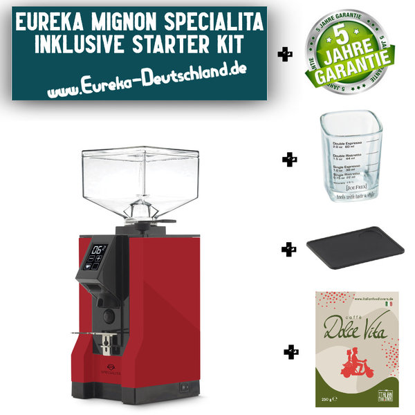 Eureka New Mignon SPECIALITA Espressomühle * Inklusive Starter Kit + 5 Jahre Garantie * Rot 15BL