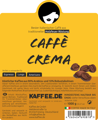 Caffé CREMA Espressobohnen - 1kg - Holzröstung - 90% Arabica + 10% Robusta