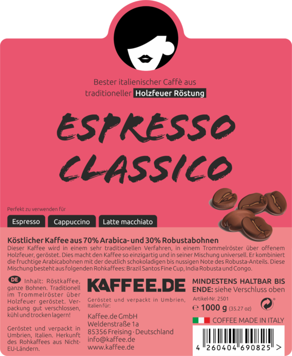 Caffé Espresso Classico Espressobohnen - 1kg - Holzröstung - 70% Arabica + 30% Robusta