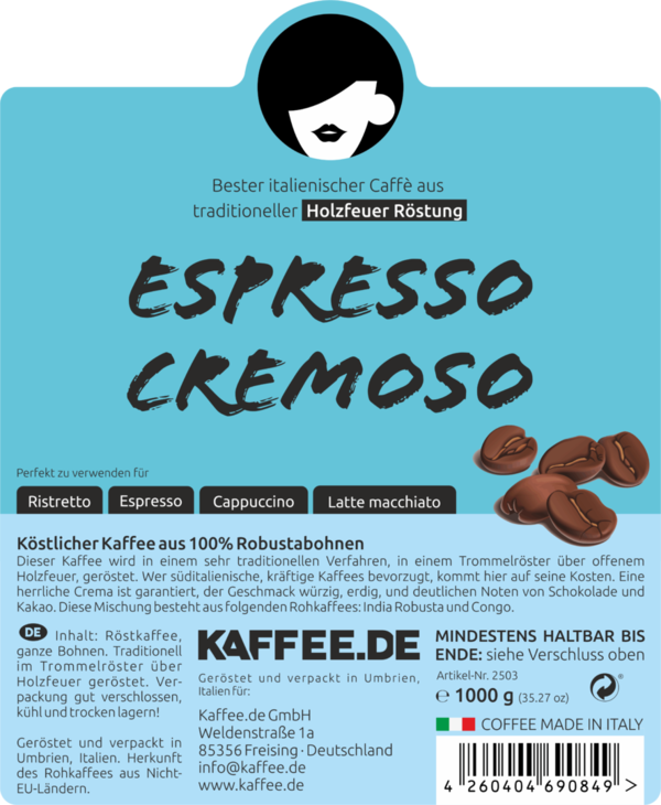 Caffé Espresso Cremoso Espressobohnen - 1kg - Holzröstung - 100% Robusta Bohnen