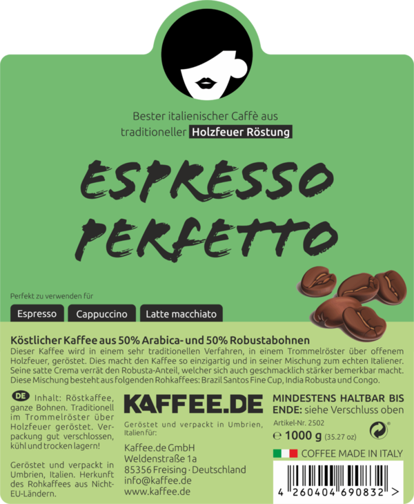 Caffé Espresso Perfetto Espressobohnen - 1kg - Holzröstung - 50% Arabica + 50% Robusta