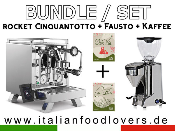 Bundle Set Rocket Espresso R CINQUANTOTTO R58 + Fausto 2.1 Chrom + 2x Kaffee