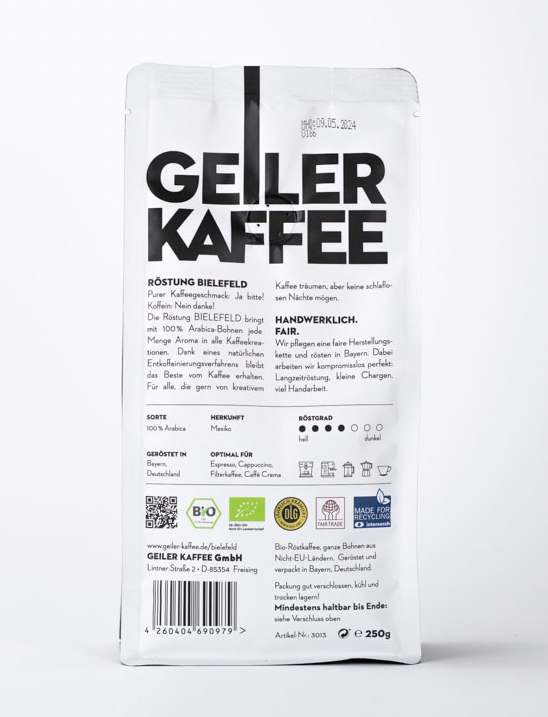 GEILER KAFFEE Röstung Bielefeld - entkoffeiniert - 250g Bohnen - Bio&Fair (43,60 €  / 1 KG)